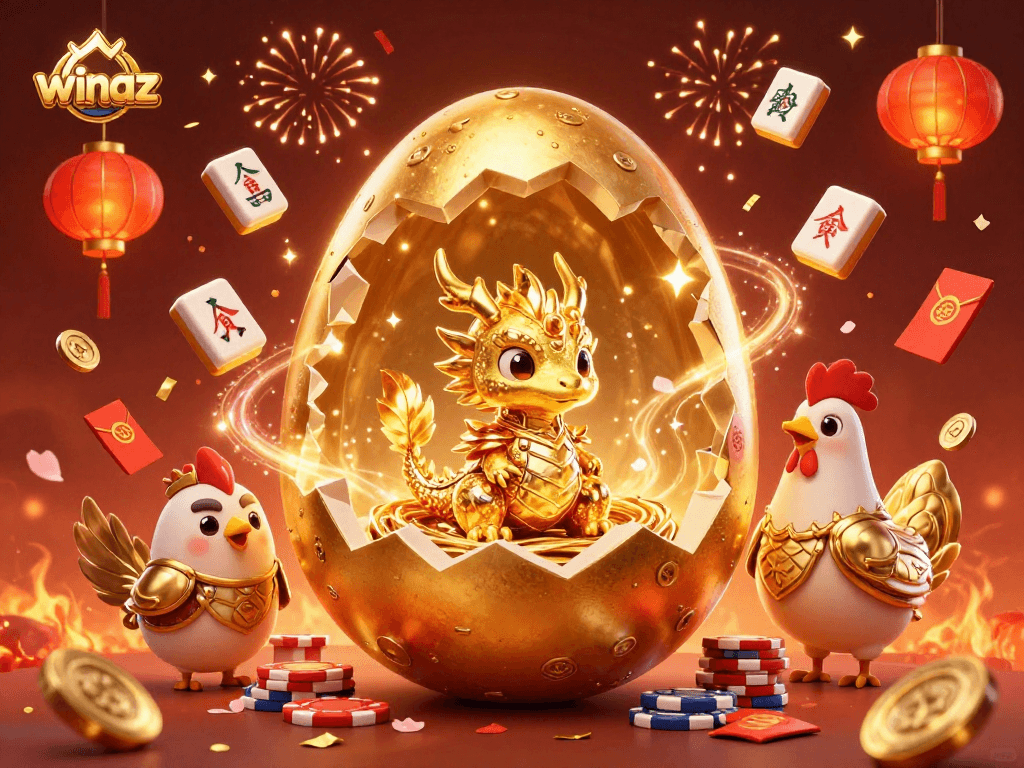 Winaz invites players to celebrate with a mammoth dragon and golden poker chips.