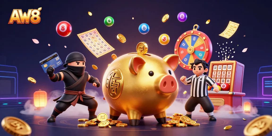 AW8 showcases a dynamic scene with a golden piggy bank sumo wrestler surrounded by colorful lottery elements.