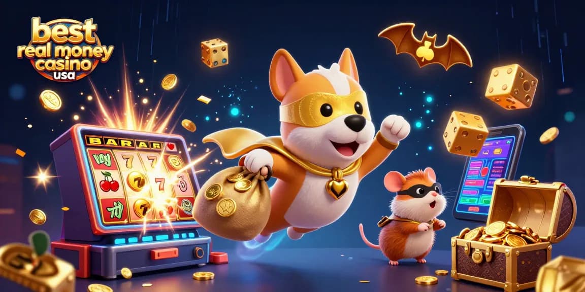 Best real money casino USA illustrated with a superhero dog and hamster, surrounded by vibrant casino elements.