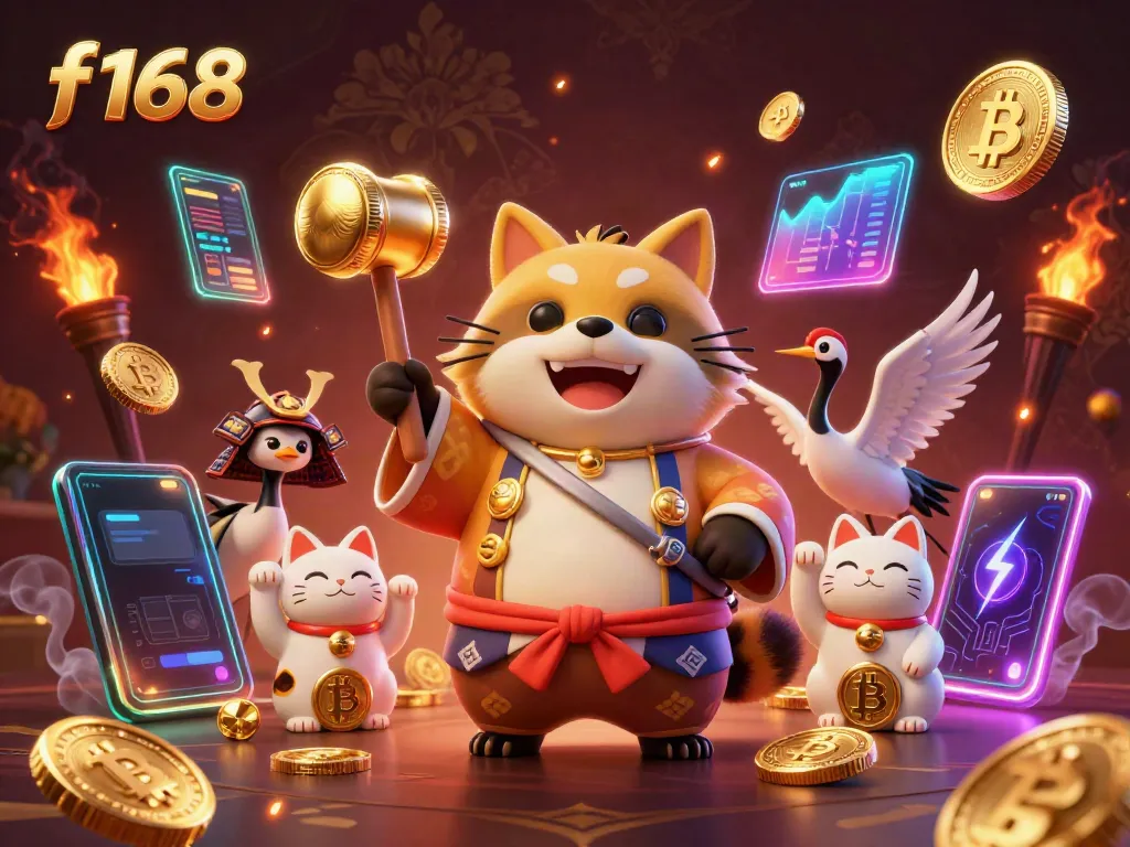 Engage in exciting gaming with F168's vibrant scene depicting a cheerful tanuki and lucky elements.