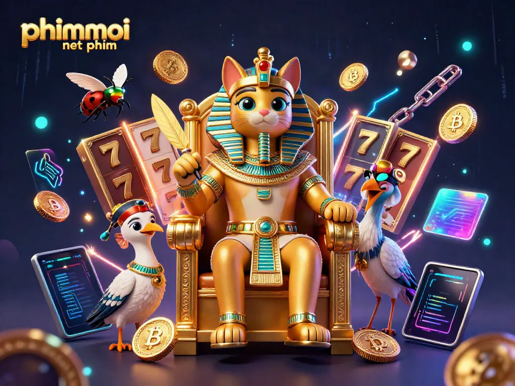 Spin the reels with phimmoi net phim featuring Egyptian pharaoh cat and crypto coins.