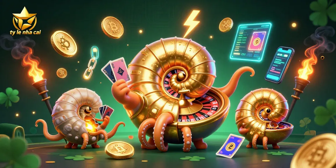 Engage with ty le nha cai showcasing a vibrant casino scene featuring a giant nautilus and crypto elements.