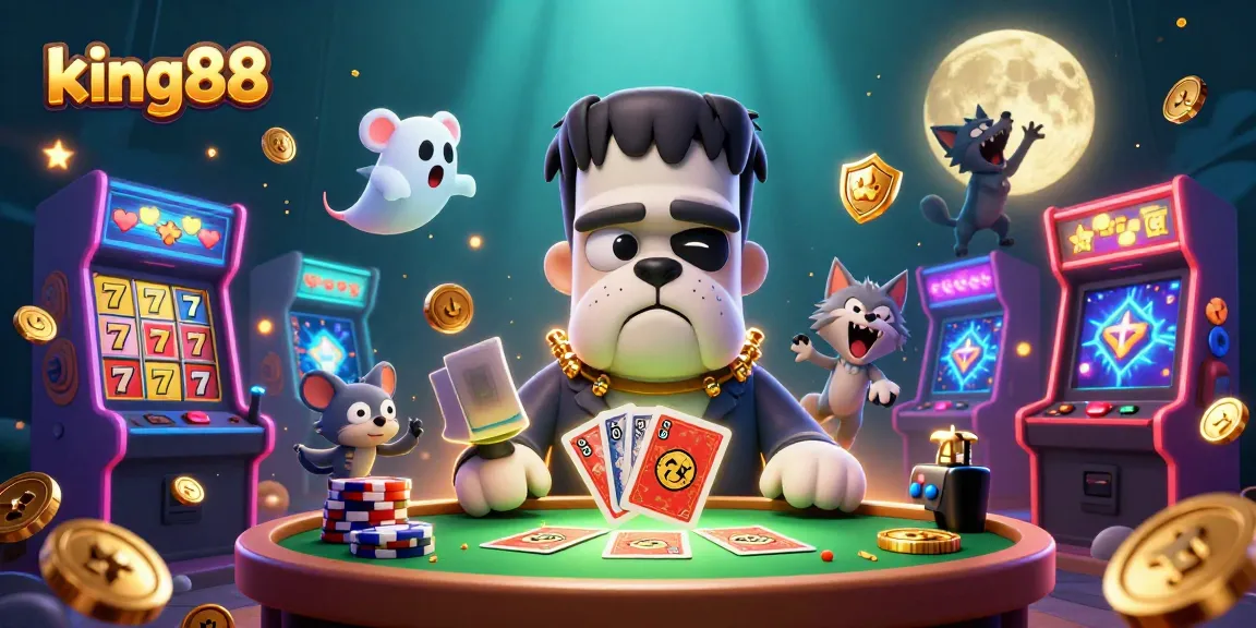 Join the action at king88 with a 3D cartoon Frankenstein bulldog dealing cards among exciting slot reels.
