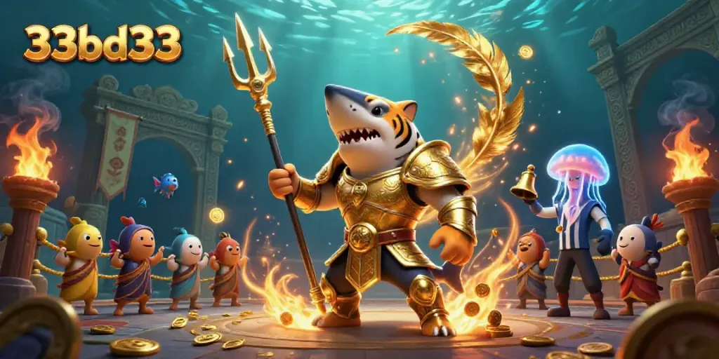 Experience thrilling underwater casino battles with 33bd33's vibrant 3D illustration of a gladiator shark.