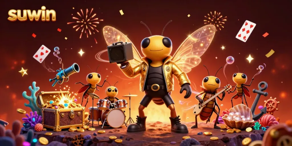 Suwin's vibrant casino experience comes alive with a rock star cicada and lively scenes of gold and excitement.