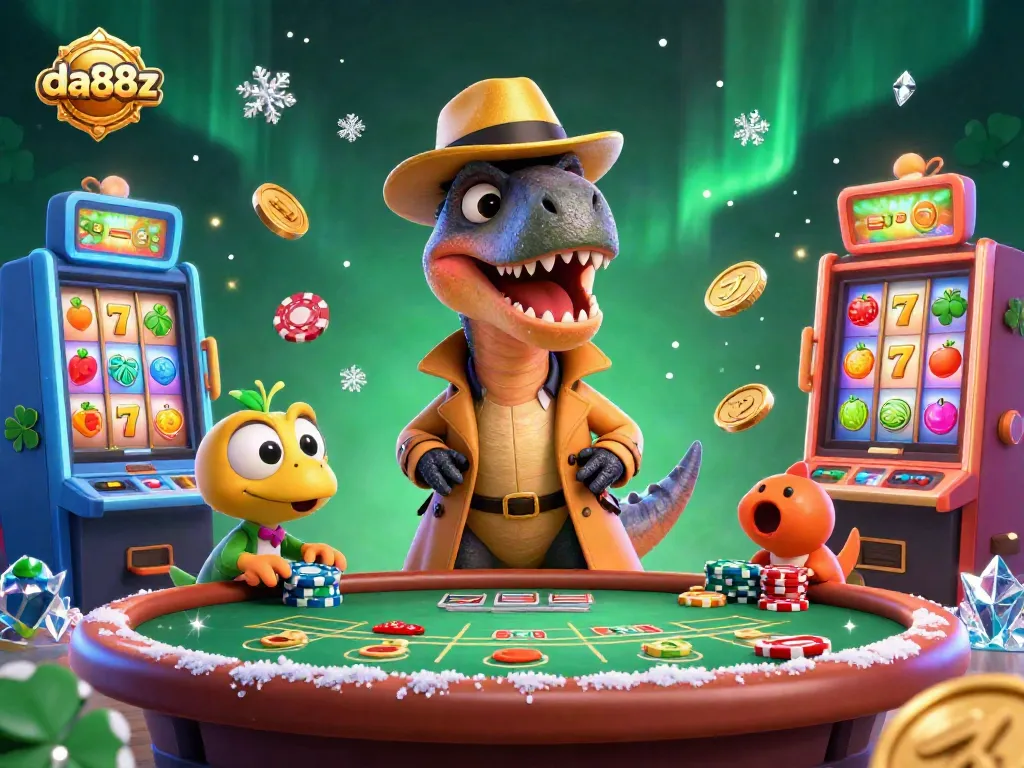 Engaging 3D casino scene with da88z logo showcasing a velociraptor card counter at a blackjack table amidst spinning slot machines.