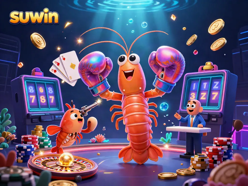 Experience suwin's lively casino atmosphere with iconic shrimp characters amidst a burst of gambling elements.