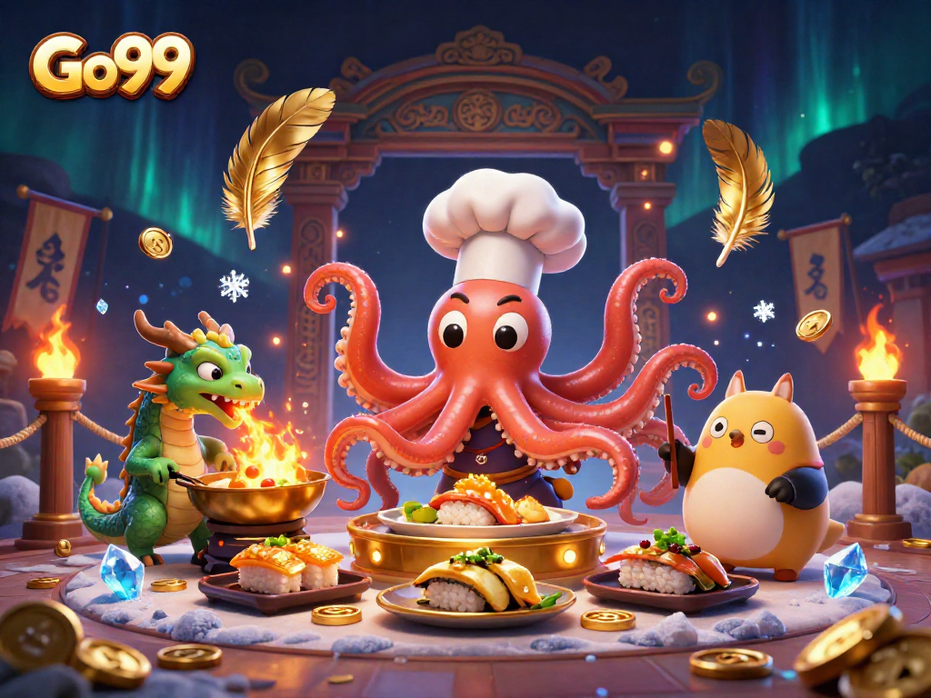 Experience the excitement of Go99 with a colorful 3D casino illustration featuring unique characters and elements.