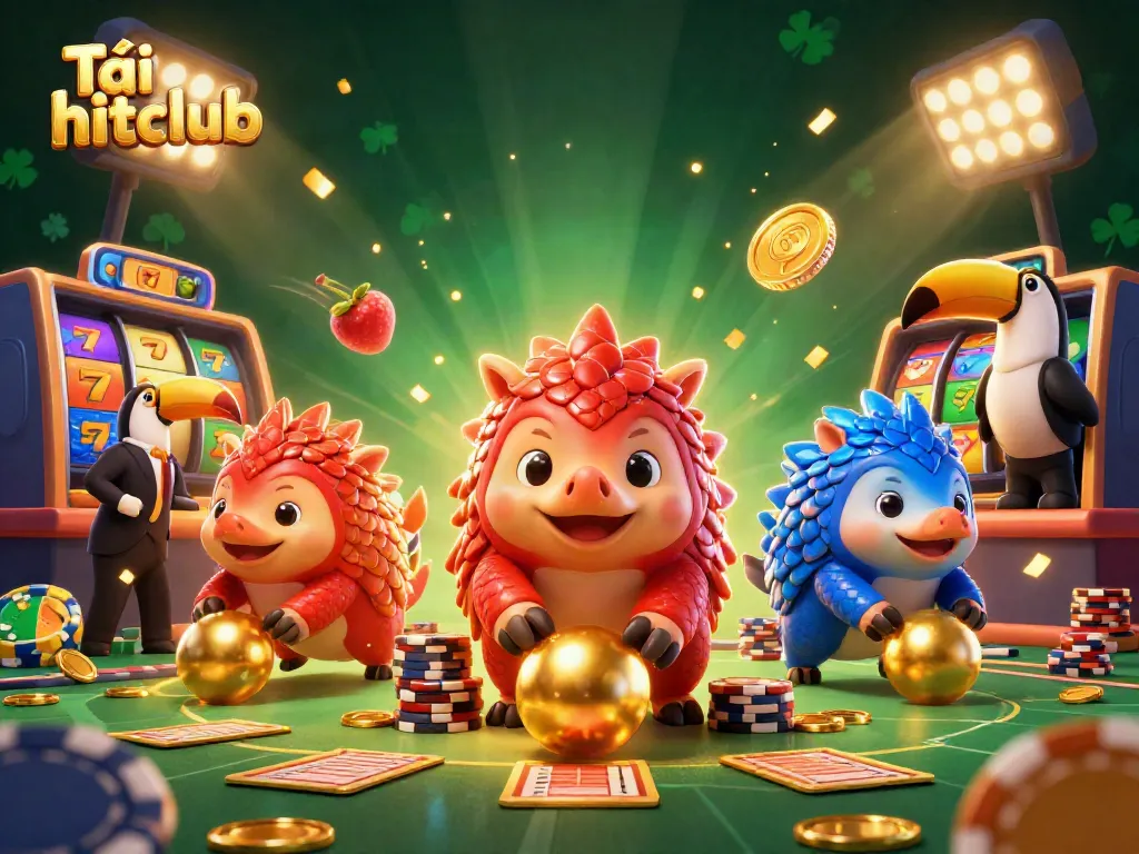 Tải hitclub with animated pangolins in a vibrant casino scene featuring golden slots and dynamic elements.