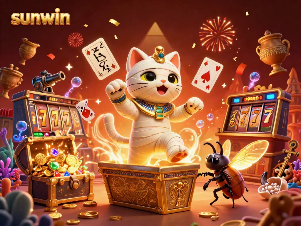 Experience thrilling wins with sunwin as the Egyptian mummy cat bursts from its sarcophagus in a vibrant casino scene.