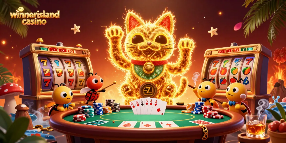 Engage with winnerisland casino through vibrant graphics of golden fireflies and casino elements, illustrating winning excitement.