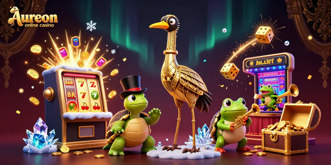 Aureon online casino showcases a vibrant 3D casino scene filled with slots, coins, and lively characters.